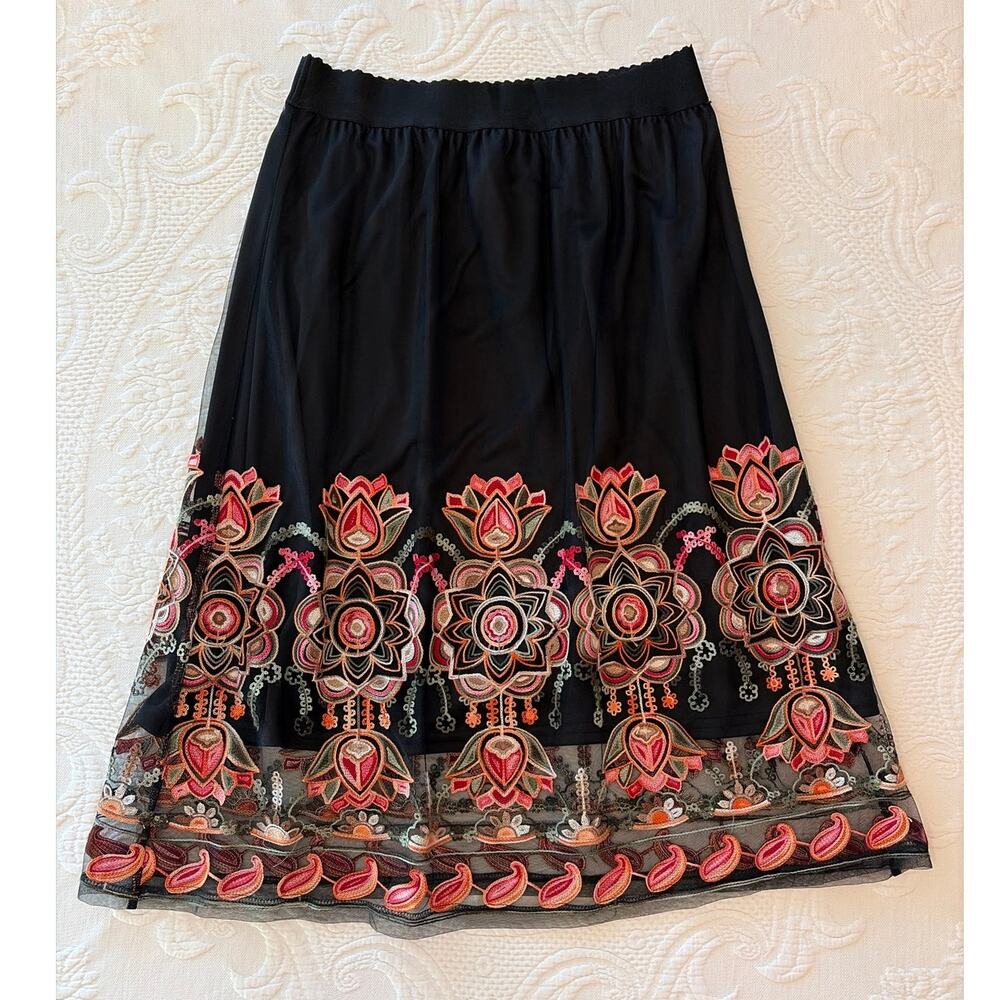 Magic Womens Large Floral Embroidered Black Mesh Midi Skirt Boho Festival NWT